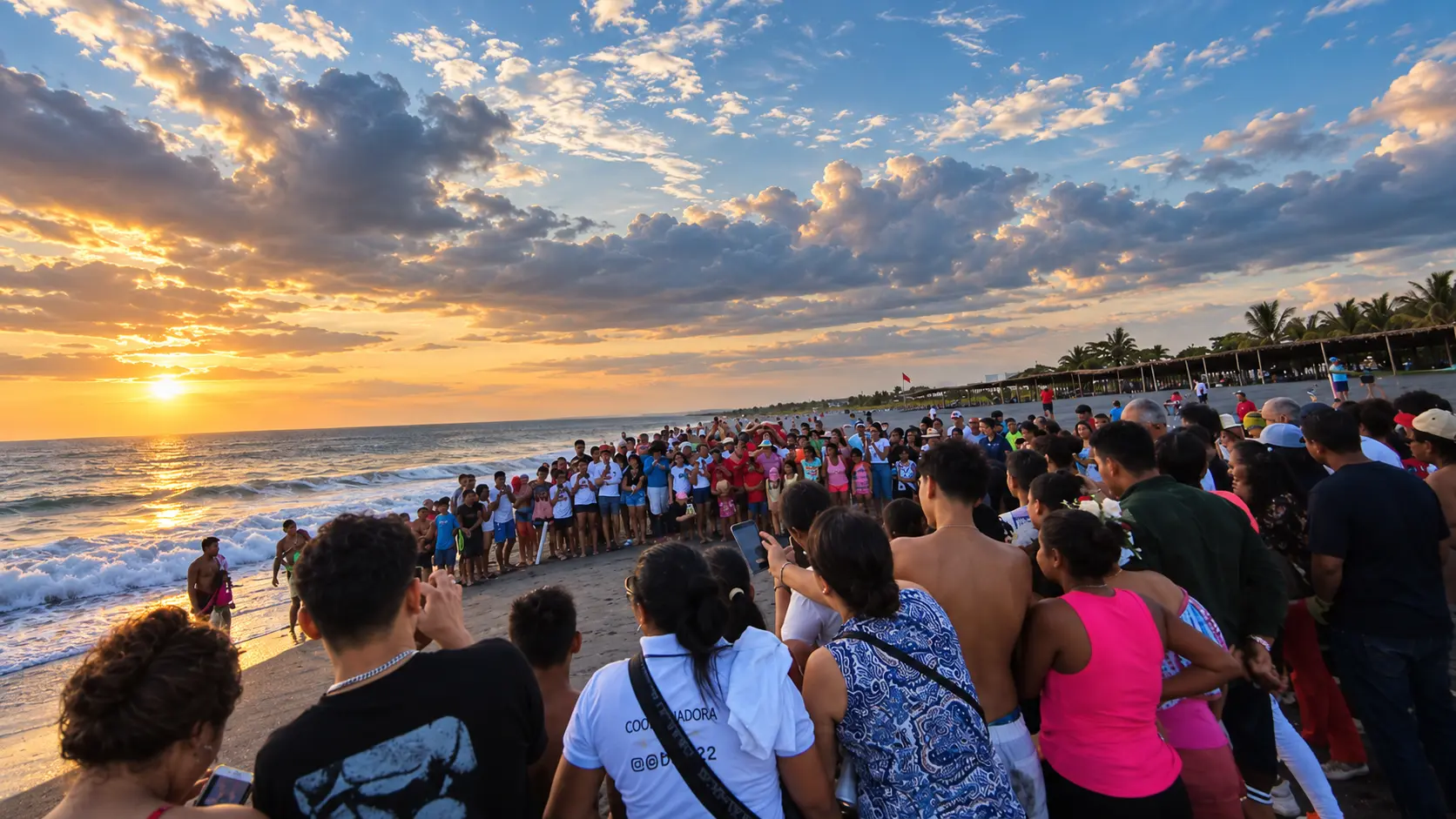 Comunidad reunida en Playa La Barqueta al atardecer