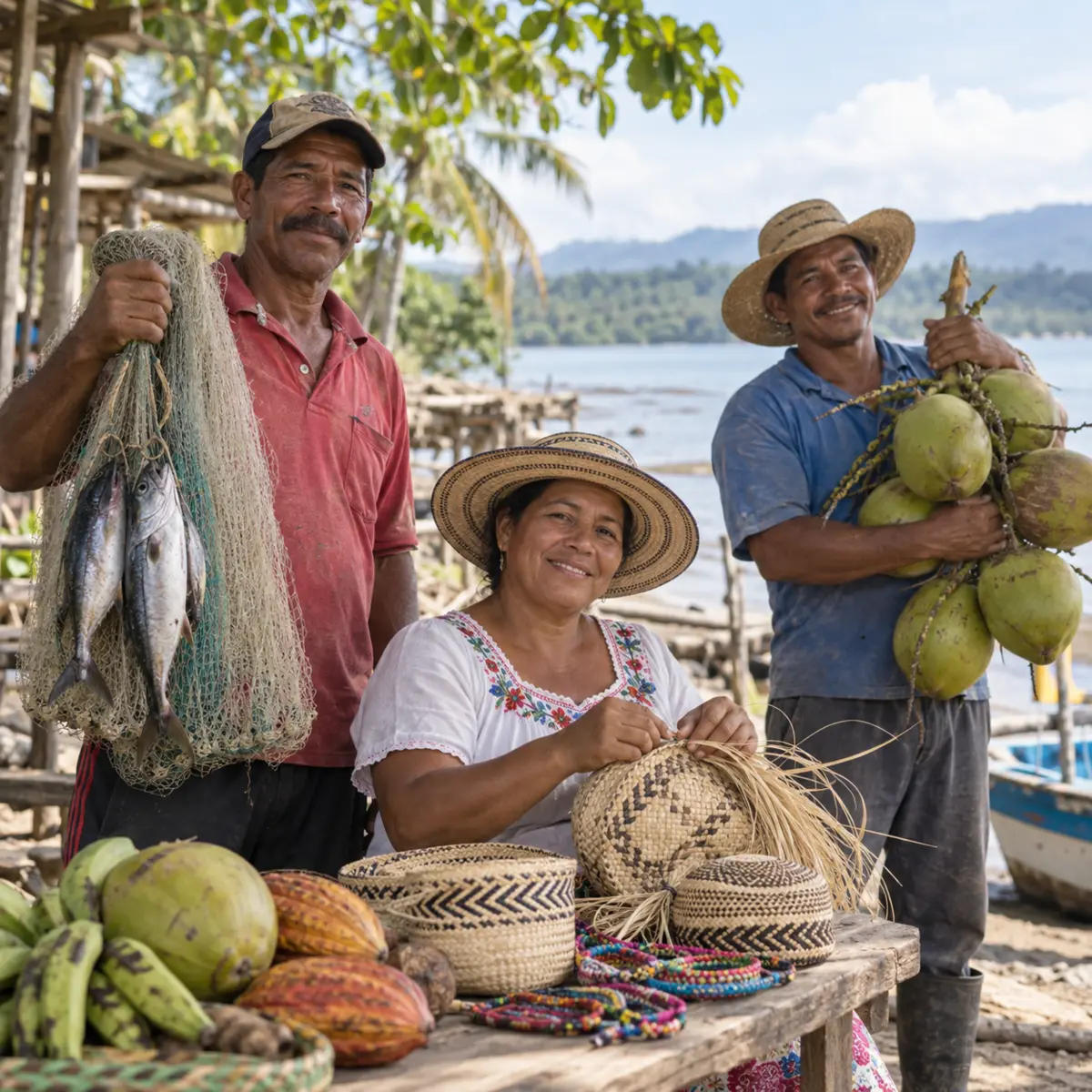 Artesana, vendedor de pipas y pescador de la comunidad