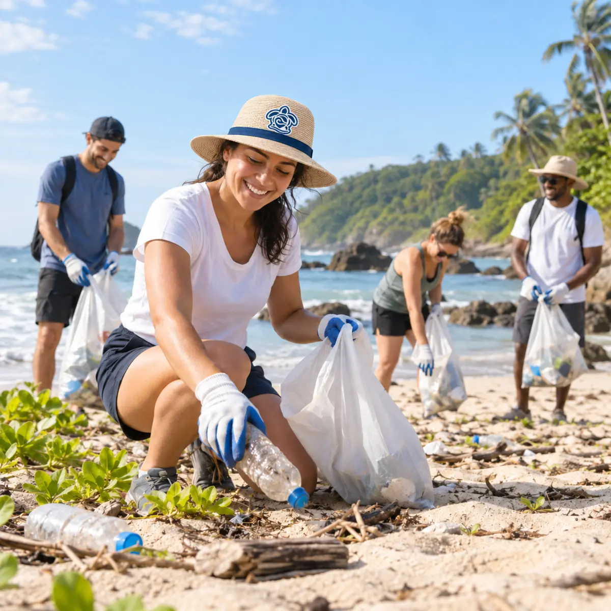 Voluntaria recogiendo residuos en Playa La Barqueta